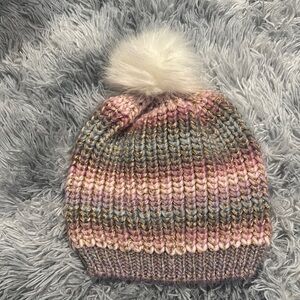 Place Pink and Cream Ribbed Knit Hat with Pom-Pom
